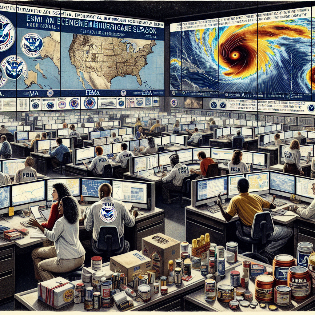 A detailed scene of a bustling FEMA headquarters, with individuals of various genders and descents, such as Caucasian, Black, Middle-Eastern, and South Asian, working diligently on computers and discussing strategies. They're surrounded by screens displaying maps with incoming weather alerts, particularly highlighting hurricane paths. Also, incorporate visual aids like emergency kits, canned goods, flashlights, and batteries to signify essential hurricane season preparations. The logo of FEMA should be prominent on the backdrop wall, implying their active involvement in emergency preparedness. Blend this scene with a faded image of a hurricane approaching a coastal town to encapsulate the theme of the article.