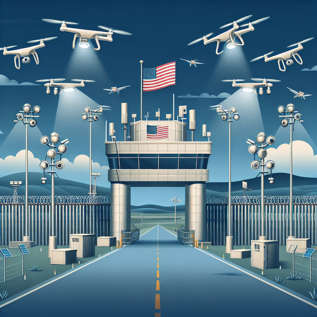 Illustration representation of a prominent and professional large gate at the borderline with multiple advanced surveillance technologies such as drones, CCTV cameras, and security lights. The image should also include a symbol signifying the United States, like a waving flag. The atmosphere should convey seriousness and cutting-edge technology. The weather can be clear with a sunny day. The viewing perspective can be from a distance allowing a wide landscape view of the border area.