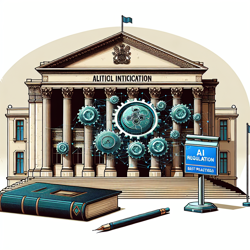 Depict an image of a non-descript, stately building, symbolic of a significant institution. In front of it, display an emblem of gears and digital nodes interconnecting, indicating artificial intelligence. Include a placard with the text 'AI Regulation: Best Practices' to signify the regulation of AI. Pair this scene with an open book and a quill by its side, to symbolically represent policy creation.