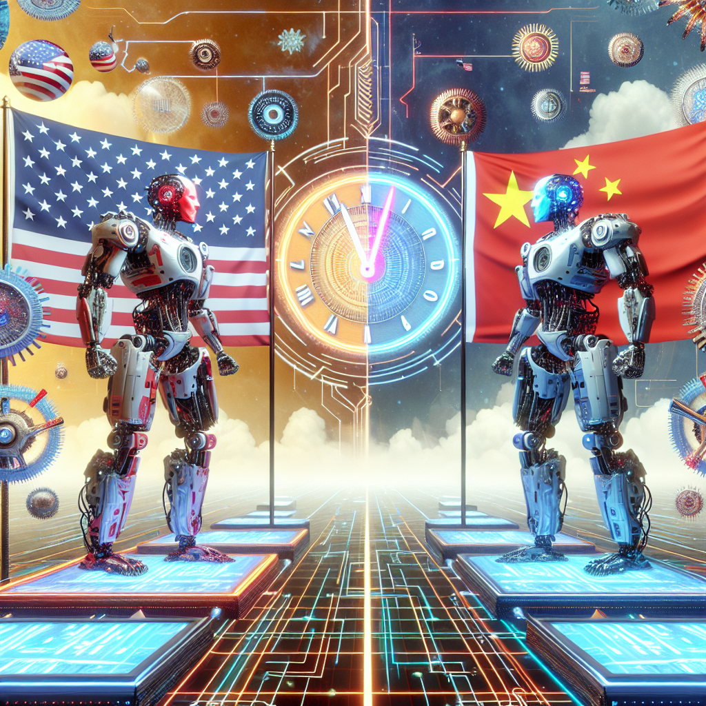 Visualize a rhetorical battle symbolizing the tech rivalry between United States and China. Two futuristic robots representing each country, standing on a digital platform, under an ornate sky filled with technology-focused symbols like microchips, data streams, and gears. The robot representing the US bears the colours of its flag while the one representing China reflects their flag. Please also include a giant digital clock with TikTok's logo as the minute and hour hands, which indicates a countdown, signaling the urgency of the ban debate to its underlying symbolism.