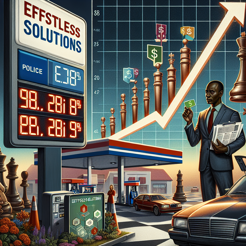 An intricate scene of a gas station in the forefront with fuel prices displayed on its sign, depicting a steep upward graph to symbolize rising prices. In the background, a symbolic representation of policy documents marked with the word 'Energy' being moved like chess pieces on a chessboard, indicating policy changes. On one side, a frustrated male driver of Hispanic descent refueling his car. On the other side, a confident female scientist of Black descent displaying a blueprint of sustainable energy solutions. The title 'Effortless Solutions' is visible on the blueprint.