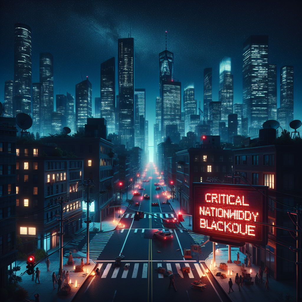 An image depicting a nocturnal cityscape with illuminated skyscrapers suddenly losing power and plunging into darkness. Streets are empty and the traffic lights are out. People are seen in their homes using candles for light. The sky is star-studded, visible without the usual light pollution. A digital display that usually shows the time and temperature instead shows the words: 'Critical Nationwide Blackout Warning.' This display and its eerily glowing red letters are the only source of light in this otherwise pitch-black urban panorama.