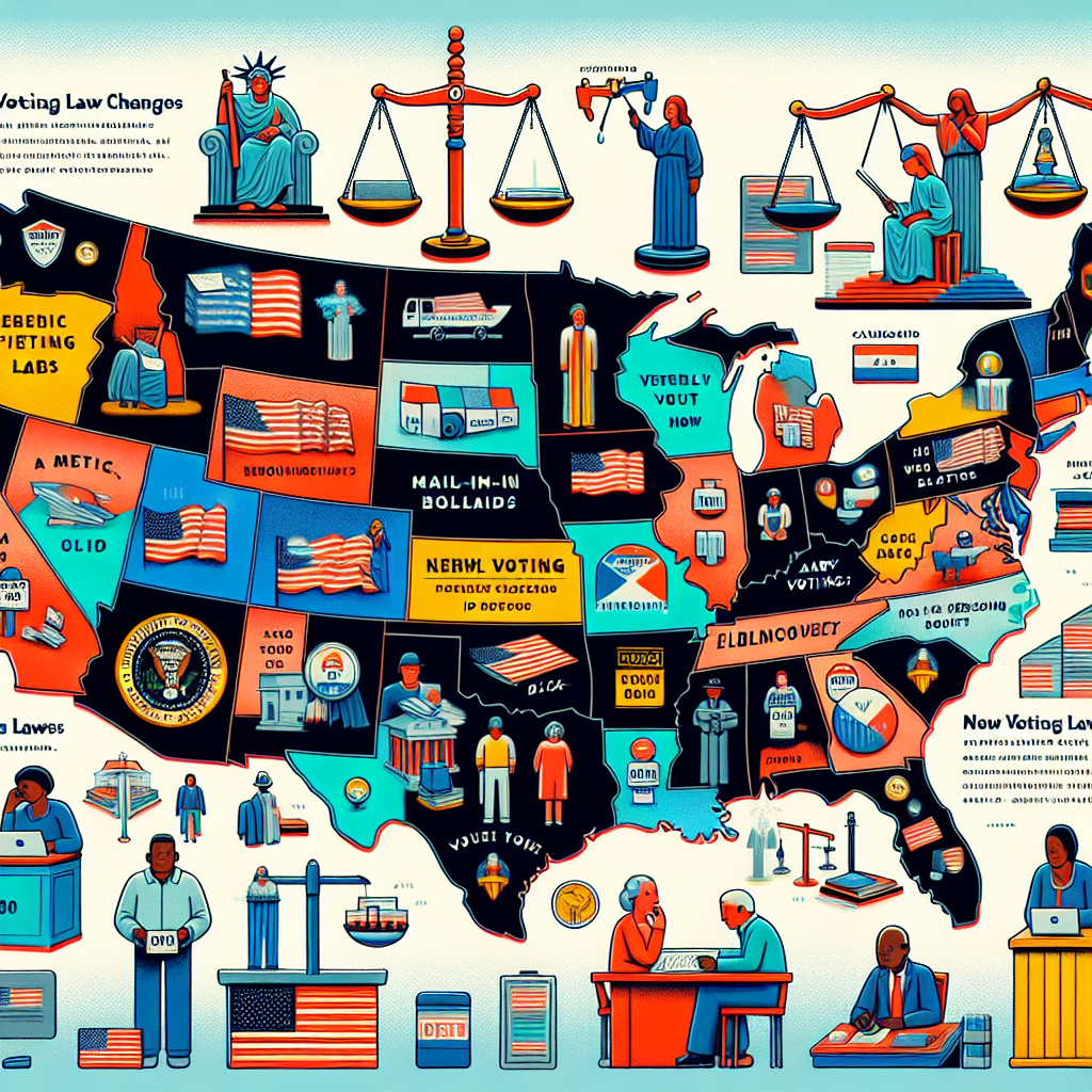 A detailed illustration demonstrating the impact of voting law changes on US elections. Picture a large map of the United States color-segmented by states. Each state has representative icons symbolizing different voting strategies — mail-in ballots, electronic voting, in-person booths. Hovering above are thoughtfully designed graphics representing new voting laws — ID requirements, early voting rules, etc. Nearby, scales of justice emblematic of legal impacts. Some citizens of different descents and genders — Hispanic woman, Black man, Caucasoid elder — are shown making thoughtful decisions. Notably, no specific politicians or public figures are depicted.