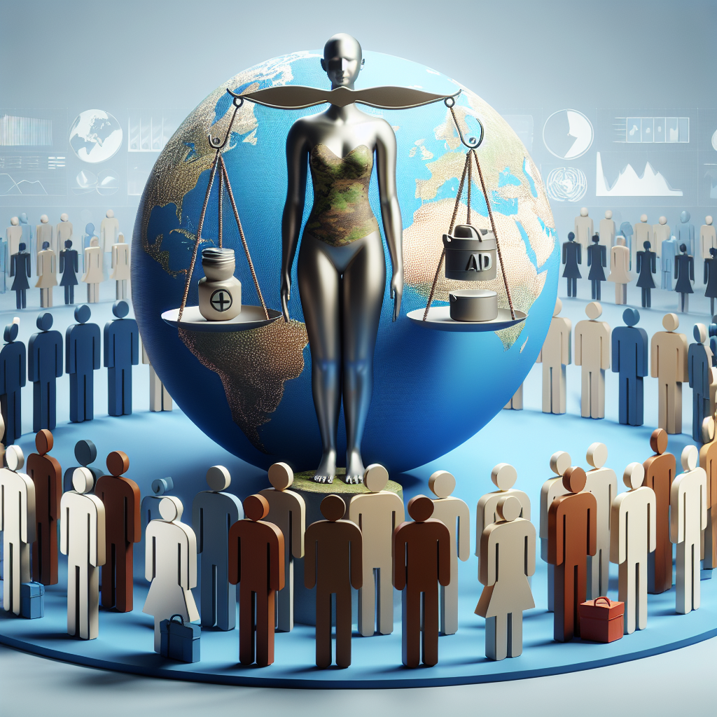 An illustration that represents the concept of global security. In the center of the image, depict a gender-neutral figure representing the world with diverse ethnicity, holding a scale balanced with two items representing 'military' and 'aid'. This figure stands on a globe representing 'global'. Surrounding the figure, show a group of generic, non-specific humans of various ethnicities and genders. They are understood to be global citizens, involved in the discussion of security strategies. The image should convey the seriousness and complexity of the topic but also a sense of hope for peace and security.