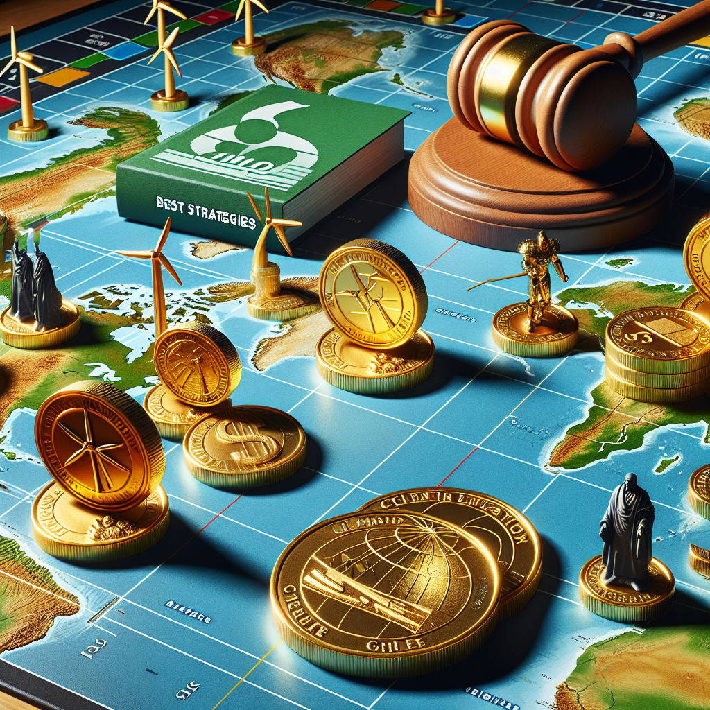 Visualize a high-stakes board game being played out on a global map. Each player represents a different continent and they're placing oversized golden coins embossed with wind turbines, solar panels, and hydroelectric dams on their territories. These coins signify clean energy investments. In the background, a large green gavel signifies climate change legislation, ready to strike a rulebook titled 'Best Strategies'. The rulebook depicts elements like graphs depicting growth in renewable energy, strict emissions standards etc. The whole scene conveys a sense of urgency, strategy, and global cooperation.