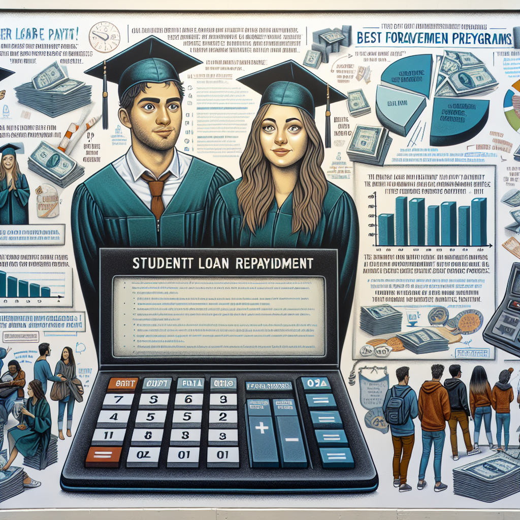 A detailed display representing the concept of student loan repayment. In the center, a large, indistinct male and female university graduate, one of Caucasian descent and the other of South Asian descent, both wearing cap and gown. They look relieved and hopeful, as they're calculating their student loan repayment on a huge calculator. A few smaller images around it capture various stages of the repayment process. On the right side, include an illustrated guide highlighting several 'Best Forgiveness Programs' mentioned in educational related text. The guide involves pie charts, bar graphs, and bullet points, all explained with some handwritten notes.