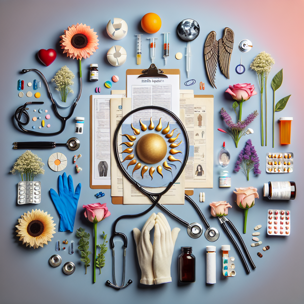 Produce a scene that exemplifies the subject of a magazine article about the health updates of influential people. The image should depict a balance of joy and sorrow, illustrating the highs and lows of health progressions and demises. It can include items such as a stethoscope, medical reports, medication bottles, and symbolic items like rising suns and setting suns to represent life's milestones and deadly incidents. An array of flowers could encompass these items to show respect and admiration. Create the visual elements in a way that respects the sensitive topic yet underlines the urgency of good health practices.