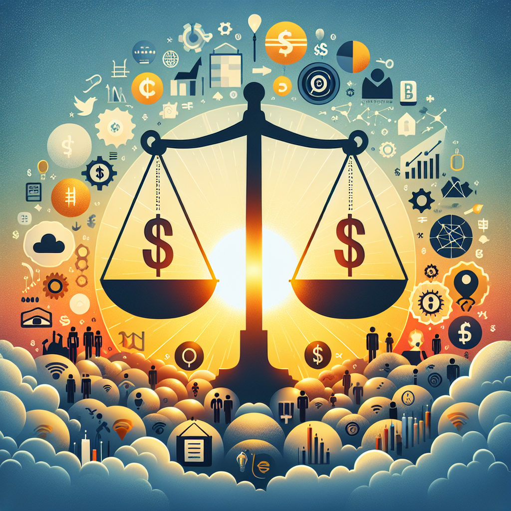 Create a striking illustration to visually represent the concept of Federal Reserve Interest Rate Decisions leading to an optimistic economic outlook. The main elements should include symbols of finance, such as a golden scale balancing different interest rates, a sky in the background reflecting a sunrise indicating optimism, and icons of various business sectors like technology, healthcare, manufacturing, and agriculture all looking towards the rising sun. The currency symbol $ should also be subtly present in the picture to symbolize the financial impact.