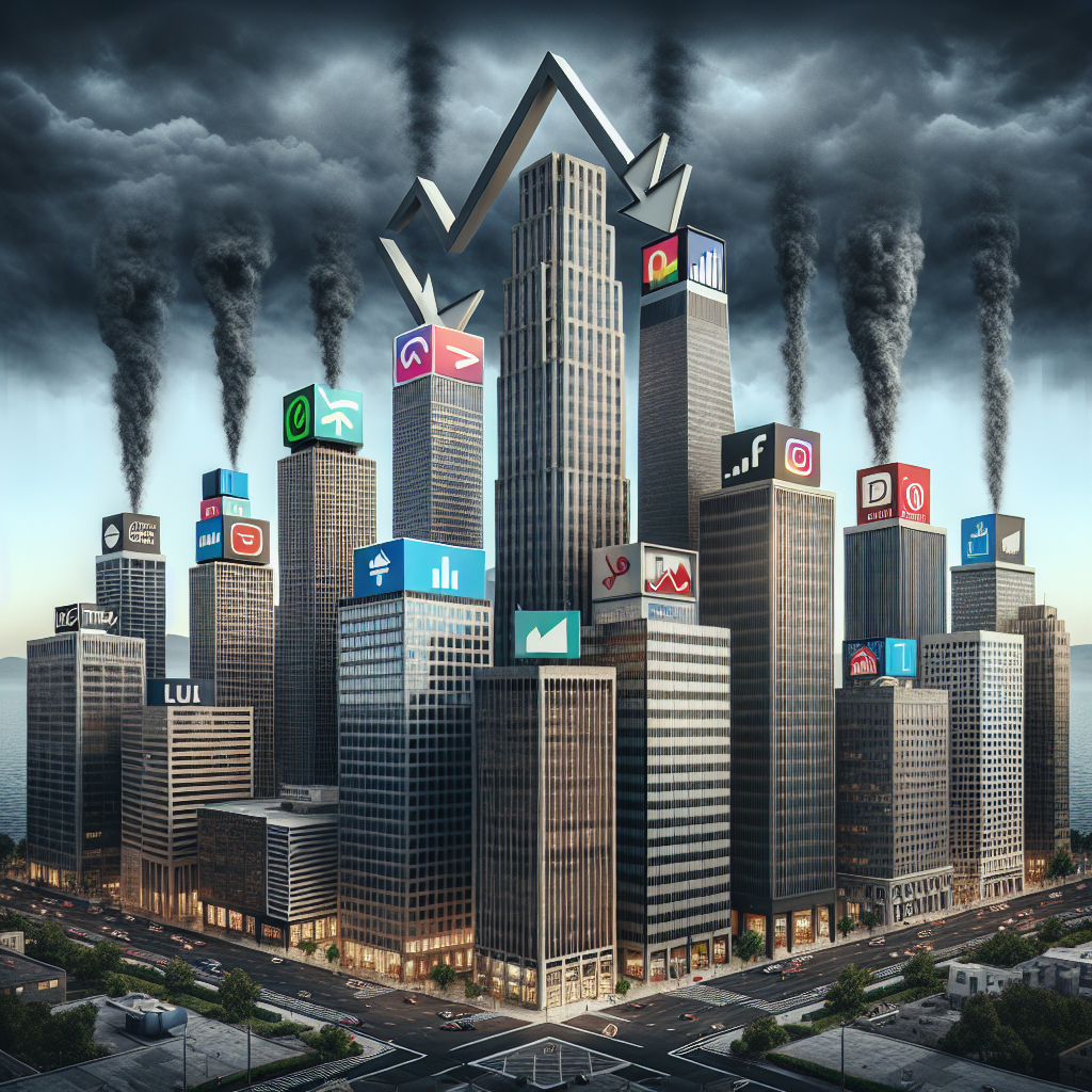 A conceptual image representing a crisis in tech layoffs featuring inconspicuous office buildings where major tech companies could be based, such as a variety of tall skyscrapers. Each building could have the company logos replaced with conceptual symbols such as a downward graph illustrating a decline, layoffs, or job cuts. Also depict a stormy sky overhead, symbolic of turmoil and instability. Please note these buildings are generic representation of tech companies and do not refer to any specific real-world corporations. The image also has a hint of the busy city life at the base of the skyscrapers.