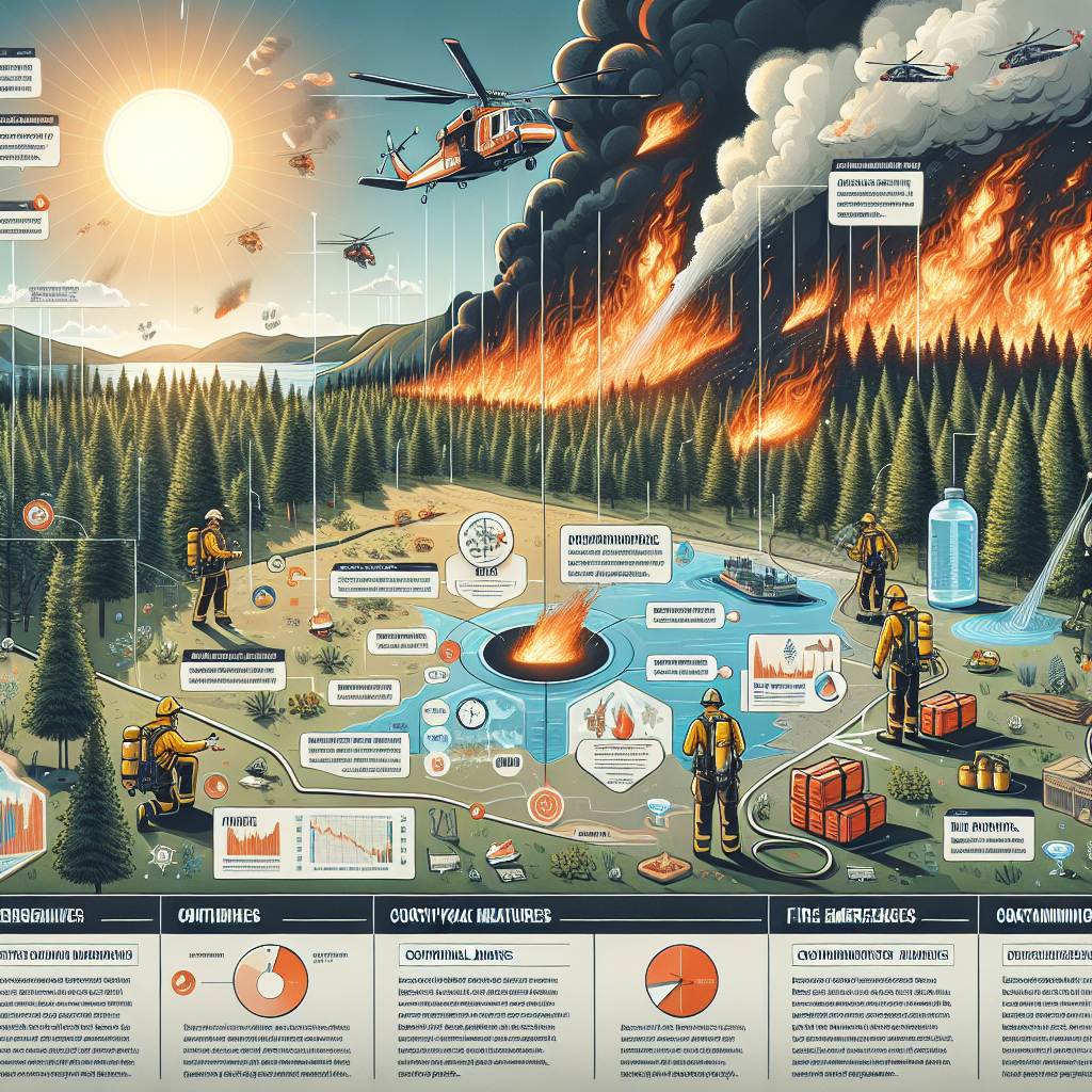 An informative visualization bringing to light the topic of 'Wildfire Emergencies' under extreme heatwaves. The scene shows a forest area with a bright sun causing intense heat, signifying the high temperatures. Further in the background, depict a wildfire in progress with large flames and smoke. To balance, compose a portion of the image to show containment strategies in action such as a squadron of helicopters pouring water over the fire, and fire fighters, a Caucasian female and a Hispanic male, planning the next steps on a map. Include infographic elements highlighting key survival measures and strategies.