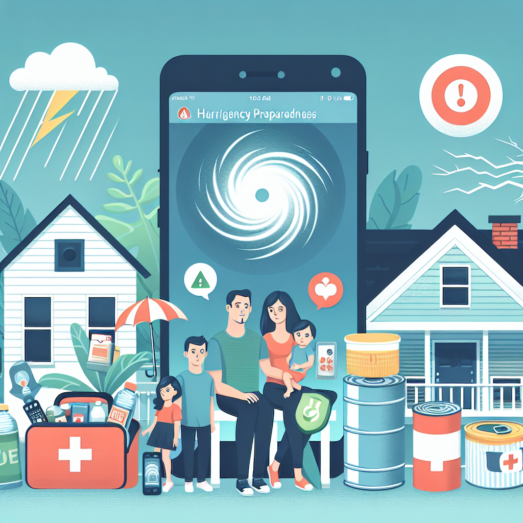 Illustrate a conceptual scene for an article about emergency preparedness during hurricane season. The picture should include essential elements like a hurricane symbol on a digital map, weather alert notifications on a smartphone, a family with diverse genders and descents including Caucasian male, Hispanic female, and South Asian child, safely inside their home. They are surrounded by their preparedness kit filled with water, canned foods, flashlights, batteries, first-aid kit, getting ready for the imminent storm.