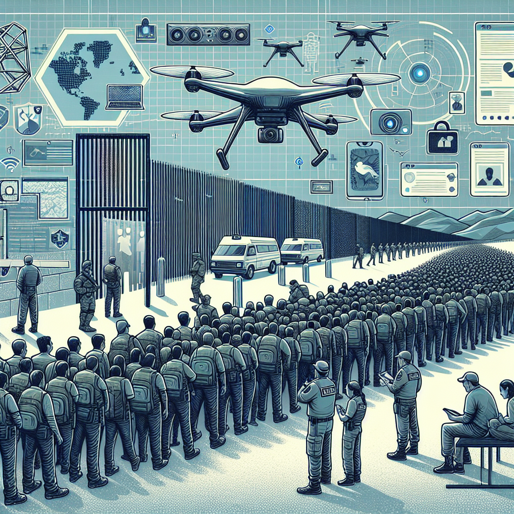 A detailed image depicting the concept of border security, focusing on recent developments and evolutions. There should be visual representations suggestive of technology upgrades, like drones, advanced security cameras, and biometric systems. Additionally, illustrate a diverse group of individuals lining up, awaiting their turn to cross the border under the watchful monitoring of the security system. Showcase an ambiance of orderly, secure, and controlled migration while maintaining respect for human rights. Do not include any Nation’s flag, landmarks or people’s nationality.