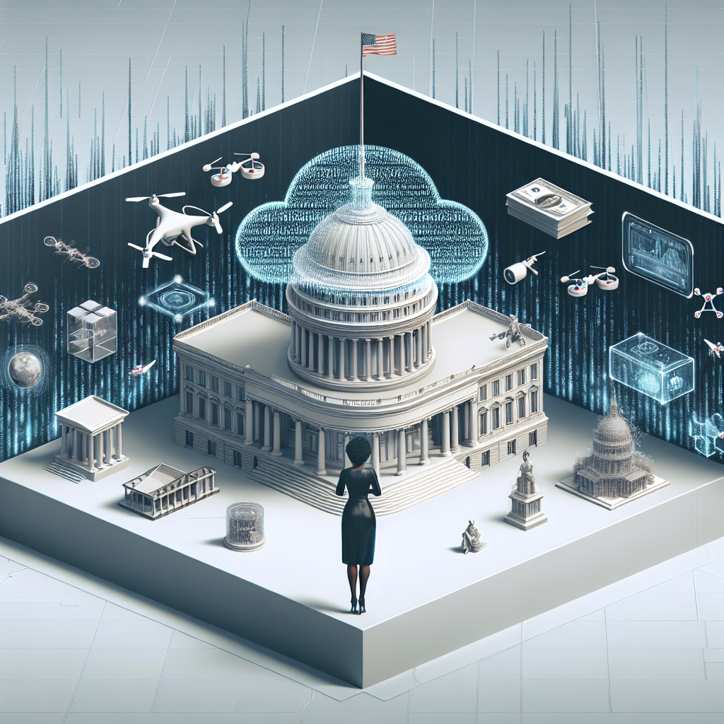 Visualize a scene of a grand traditional building, a symbol of a country's government, with pillars and a flag flying atop. Within the surrounding scene are various items and symbols representing artificial intelligence - there could be binary code forming the shape of a cloud, mini drones flying about, and holographic screens displaying graphs and data. Include a central figure, a woman of black descent dressed in business attire, who is thoughtfully observing these symbols, portraying essential insights into the policy on artificial intelligence.