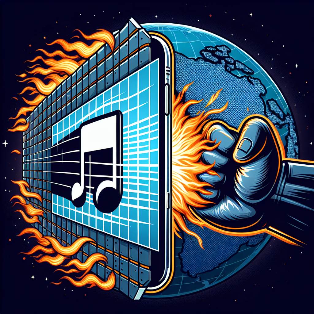 Illustration symbolizing a debate over the technology tension between two nations, where one nation has adopted an emblematic digital wall and the other aggressively raises a closed fist. A popular smartphone application logo, styled like a dynamic music note, is caught in the middle, engulfed in flames to signify a ban. The background consists of a world map slightly visible under the dramatic scene. Please ensure that the image is high-quality and striking.