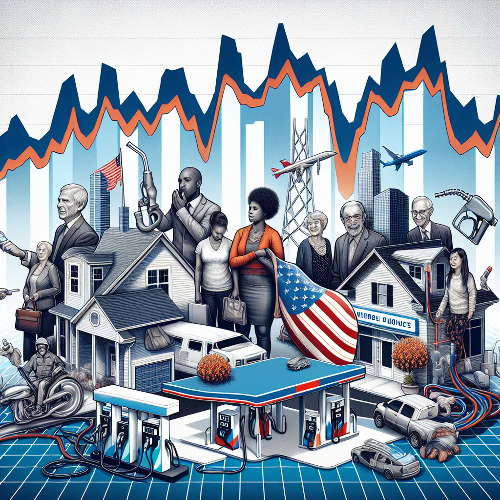 A visually striking yet informative image that depicts the concept of energy policy changes within the United States. Include an illustrative graph showing a gas price fluctuation trend suggestive of recent policy decisions. On the one side, show homes, families, commuters and businesses, to represent consumers. Depict a range of diverse individuals to reflect the diverse American public - including a Middle-Eastern female commuter, a Black male business owner, a Hispanic family, and a Caucasian elderly couple. Their reactions should reflect varying effects of gas prices changes - some showing concern or stress, others conversely displaying relief or satisfaction. Foreground could include elements that suggest energy resources, such as fuel pumps and natural gas wells.