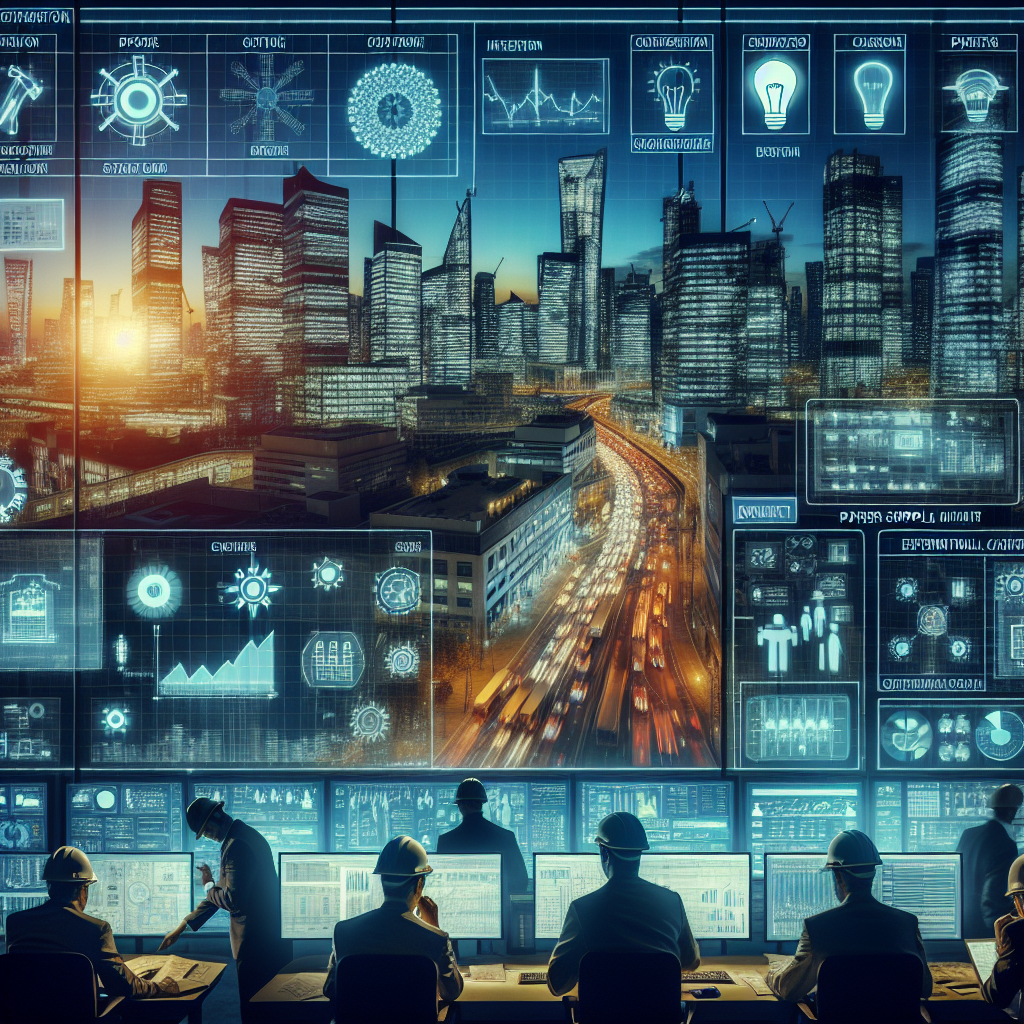 Depict a large metropolitan city during peak hours with a spectrum of towering skyscrapers, bustling streets filled with people of different descents and genders in the late evening. Street lamps, office lights and illuminated billboards suddenly start to flicker, then fade. Engineers of South Asian and Caucasian descent in hard hats are interpreting data on a sophisticated control panel in a power supplying utility room. Show tension on their faces, with papers and blueprints scattered around. In the background, a series of infographics and charts illustrate various topics about power grid failure risks, preventative measures and the potential effects of a nationwide blackout.