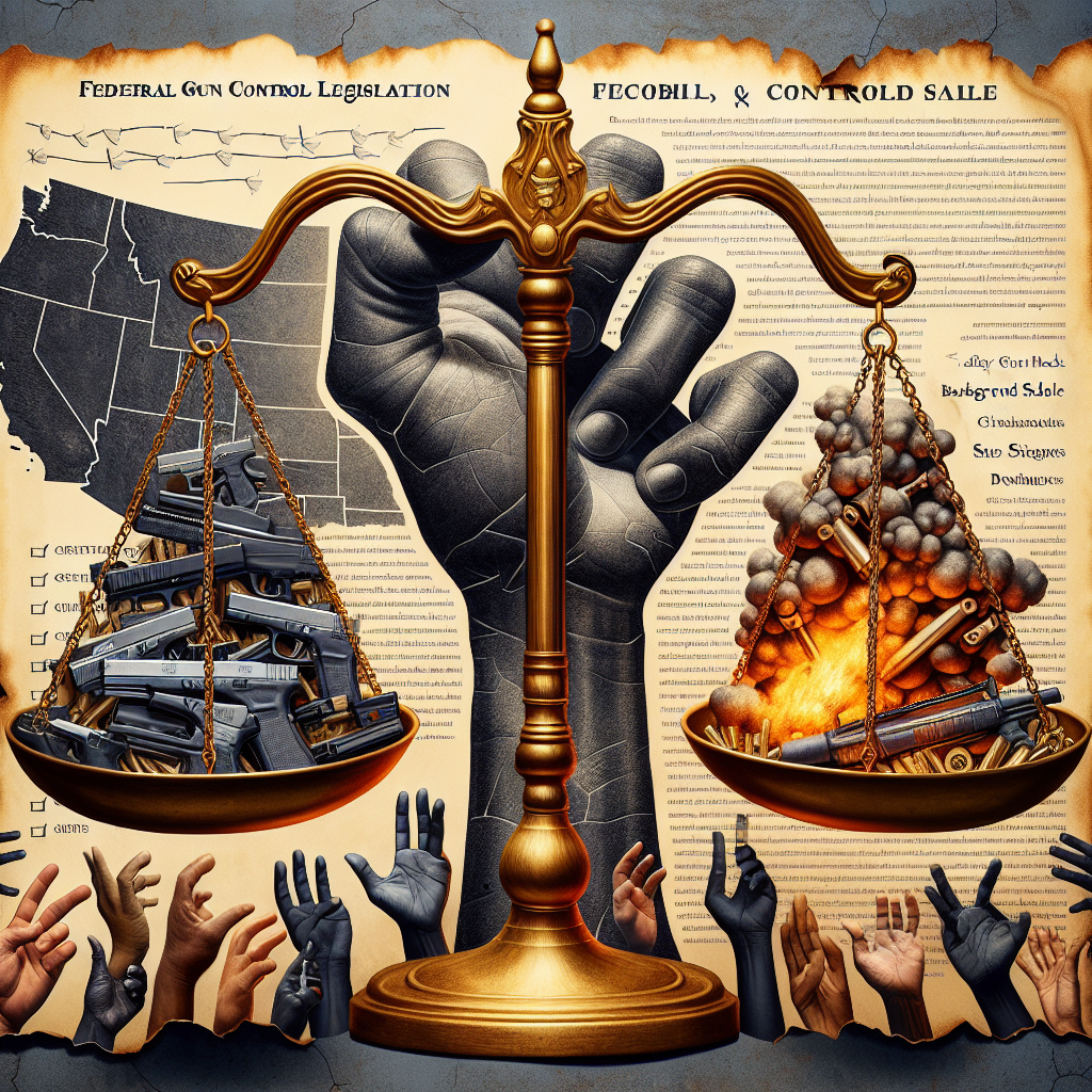 Create a symbolic, thought-provoking image with multiple elements. The foreground should have a large, golden scale of justice tipping towards a detailed parchment labelled 'Federal Gun Control Legislation'. The parchment should be illustrated with sketches of safety locks, background checks, and controlled sale signs. The side of the scale tipping upwards should hold an abstract cloud of chaos and violence, represented by broken glass, fires, and ominous shadows. The background should be a faded US map, with ethnically diverse hands from all around the borders reaching towards the scale in hope and anticipation. Ensure the image conveys a serious tone.