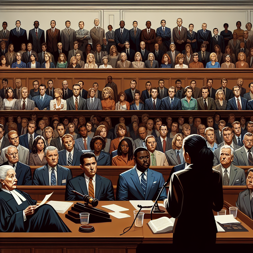 Illustrate a depiction of a generic courtroom scene during a high-profile criminal trial in America. In the scene include a large audience in the gallery, with diverse individuals from various descents and genders. An intense atmosphere is palpable as everyone awaits the unprecedented verdict. Show a judge who is a Middle-Eastern woman, sternly presiding over the proceedings. A Black male lawyer, looking determined, is in the midst of making a convincing argument to the jury which comprises of a mix of Caucasian, Hispanic, and South Asian men and women. Note this should not display identifiable figures.