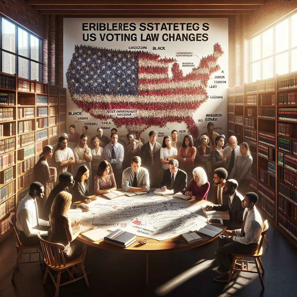 Create an image showing a diverse group of people, each representing a different descent such as Caucasian, Black, Hispanic, Middle-Eastern, South Asian, and East Asian. They are all studying US voting law changes together in a Sunlit library. Their focus and determination should represent effortless strategies to navigate the US election aftermath. The room contains book shelves filled with books about law and elections, along with a large round table filled with diagrams and papers. The image should illustrate curiosity, commitment, and a spirit of collaboration and should be high in detail and quality.