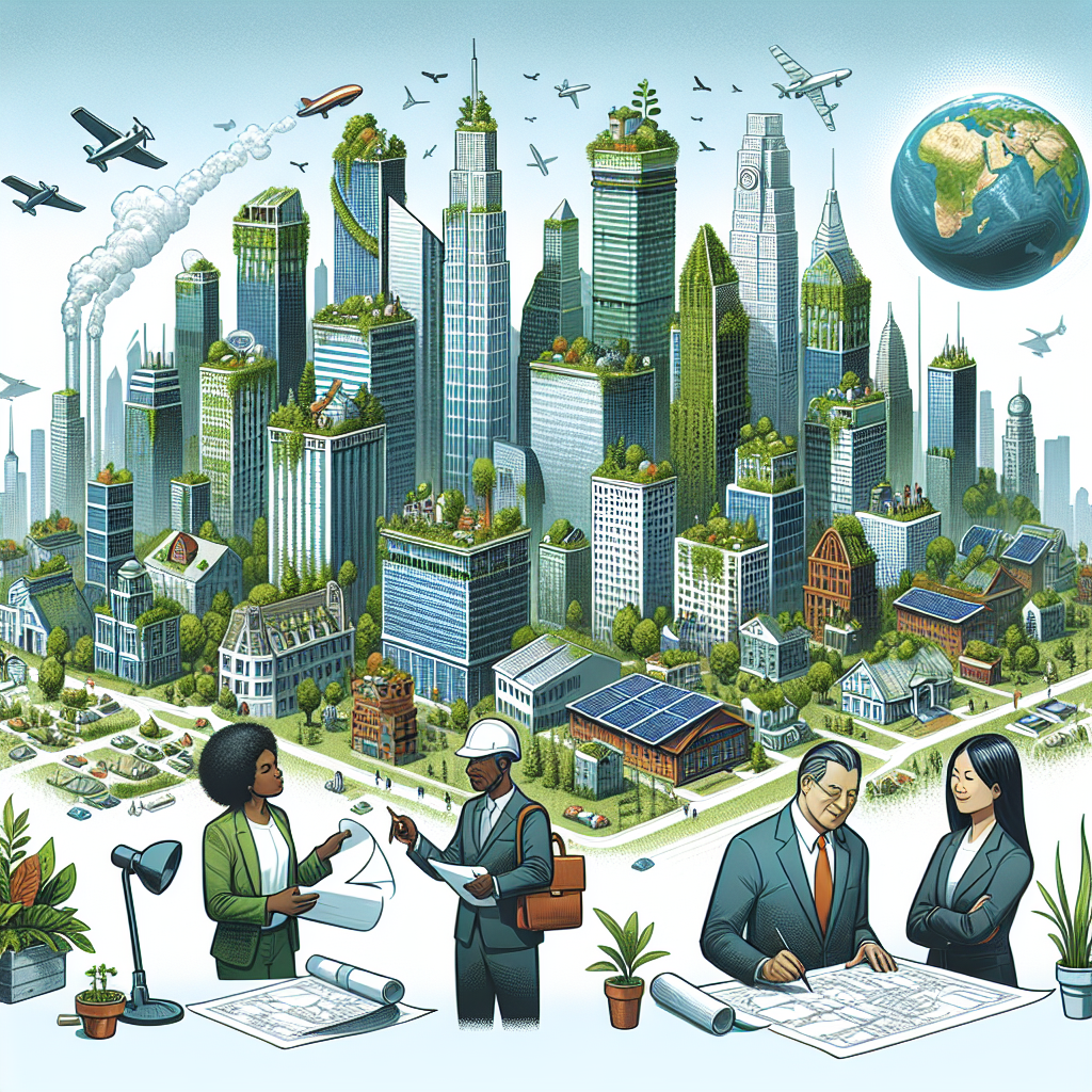 Illustration of a large, bustling city skyline filled with skyscrapers. The buildings are draped with greenery and fitted with solar panels, indicating a shift to clean energy. In one section of the city, an African American woman is seen working as an architect, inspecting blueprints of the new buildings. In another part, a Hispanic man in a suit, representing a legislator, is seen discussing legislation concerning climate change with an Asian woman who is an expert in environmental science. Floating above the city is a large globe depicting a healthy, thriving earth, symbolizing the ultimate goal of these efforts.