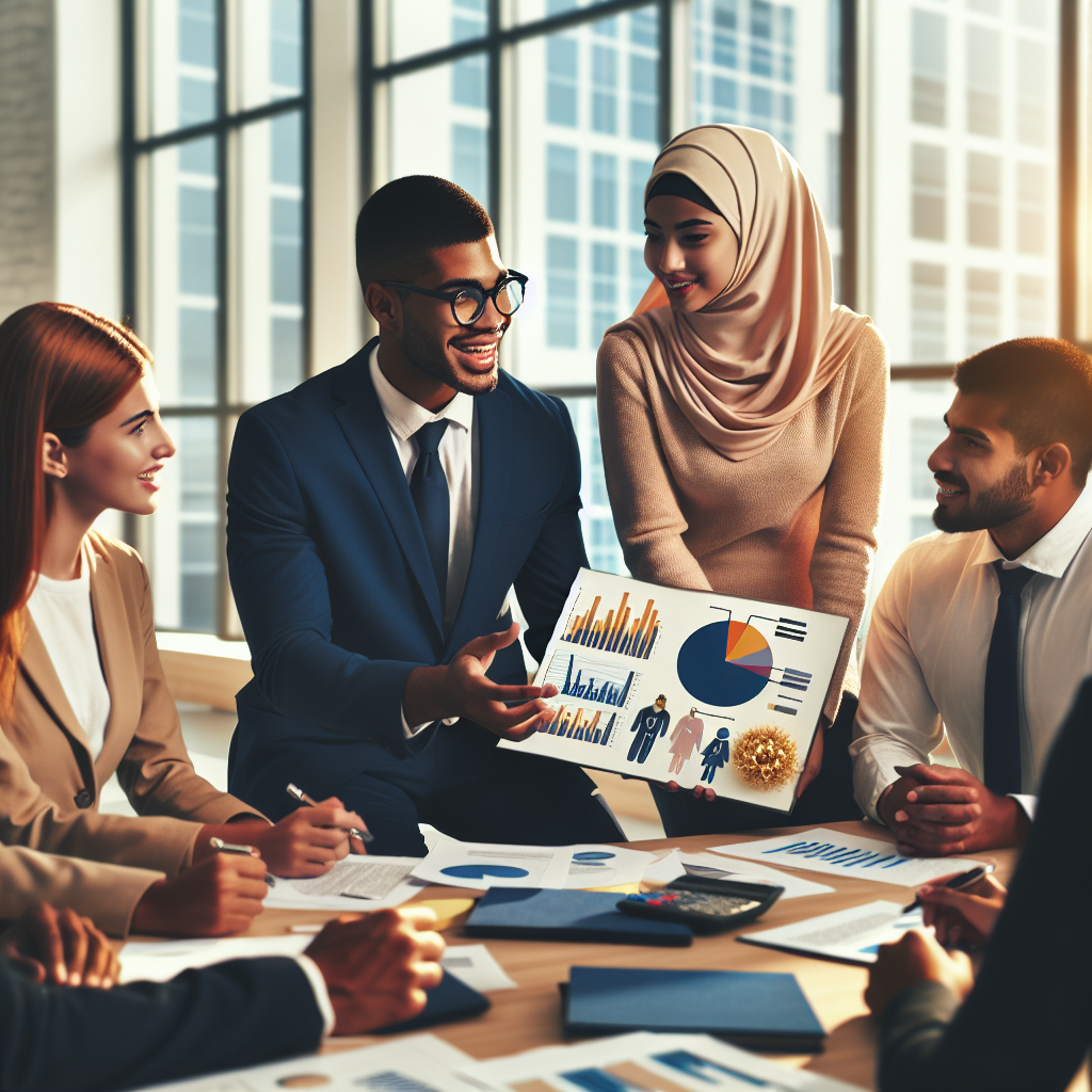 Visualize an optimistic scene inside a bright, modern office where financial advisors are helping students with their loan repayments. Two advisors: one Hispanic male with glasses and a suit, and one Middle-Eastern female with a hijab and business attire, are enthusiastically explaining a chart that represents various student loan forgiveness programs. The chart contains various pie graphs and bar charts that illustrate the benefits of these programs. In the foreground, there should be a diverse group of students: a Caucasian female, a South Asian male, and a Black male, all engrossed in understanding the chart, with optimistic expressions on their faces.