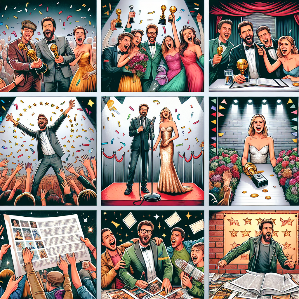 A festive collage of different iconic moments typically celebrated, such as presenting an award on stage, performing in front of an audience, premiering a movie, and launching a book together with corresponding markers indicating year and location. In the frame, feature various thrilled individuals handling accolades, one enthusiastic person singing passionately on a concert stage, two excited people unveiling a film poster, and an author happily holding up their newly published book. Exclude any specific references to known individuals or copyrighted characters.