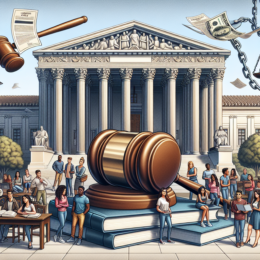 A detailed illustration of a large official building symbolizing the US Supreme Court, with a hammer lying beside a set of books, indicating legal rulings. In the background, an array of diverse students, including Hispanic female, Black male, Middle-Eastern female, and Caucasian male students are either studying or discussing, signifying education. Floating above them are student loan papers tied by a chain to a large, intimidating weight, representing the burden of student loans. All set in a daylight scenario, depicting a sense of anticipation and concern.