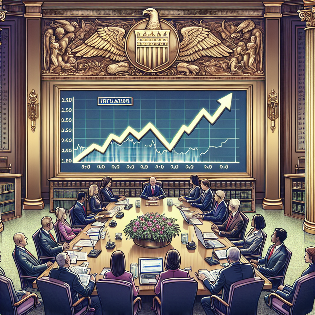 A crisp illustration capturing the administrative proceedings of a generic financial institution, with a diverse group of professionals wearing business attire engaged in an intense discussion around a large conference table. In the background, a large screen displays a success-oriented line graph representing inflation rates. The environment is formal, with walls lined with financial charts and books. An oversized gilded logo of the institution hangs proudly above the conference table. Focus is on the hopeful expressions on the faces of the professionals, representing an optimistic outlook for inflation.
