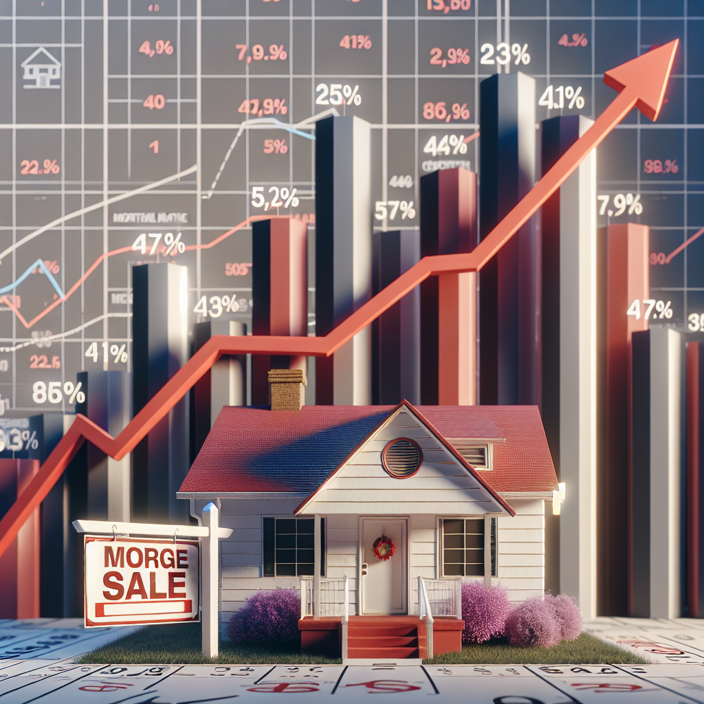 An image depicting the U.S. housing market crisis due to rising mortgage rates. Show a house with a 'For Sale' sign in the front yard, and growth charts showing an upward tick to symbolize the increasing rates behind it. The house should be a mid-century American suburb style construction, painted white with a red roof. The 'For Sale' sign should be prominent, showing the term 'Mortgage Rate' in bold letters with upward pointing arrows. The growth charts should portray numbers and grids in shades of red to reflect the crisis, standing tall much like skyscrapers in the background. Make sure not to reference to any specific state or region.