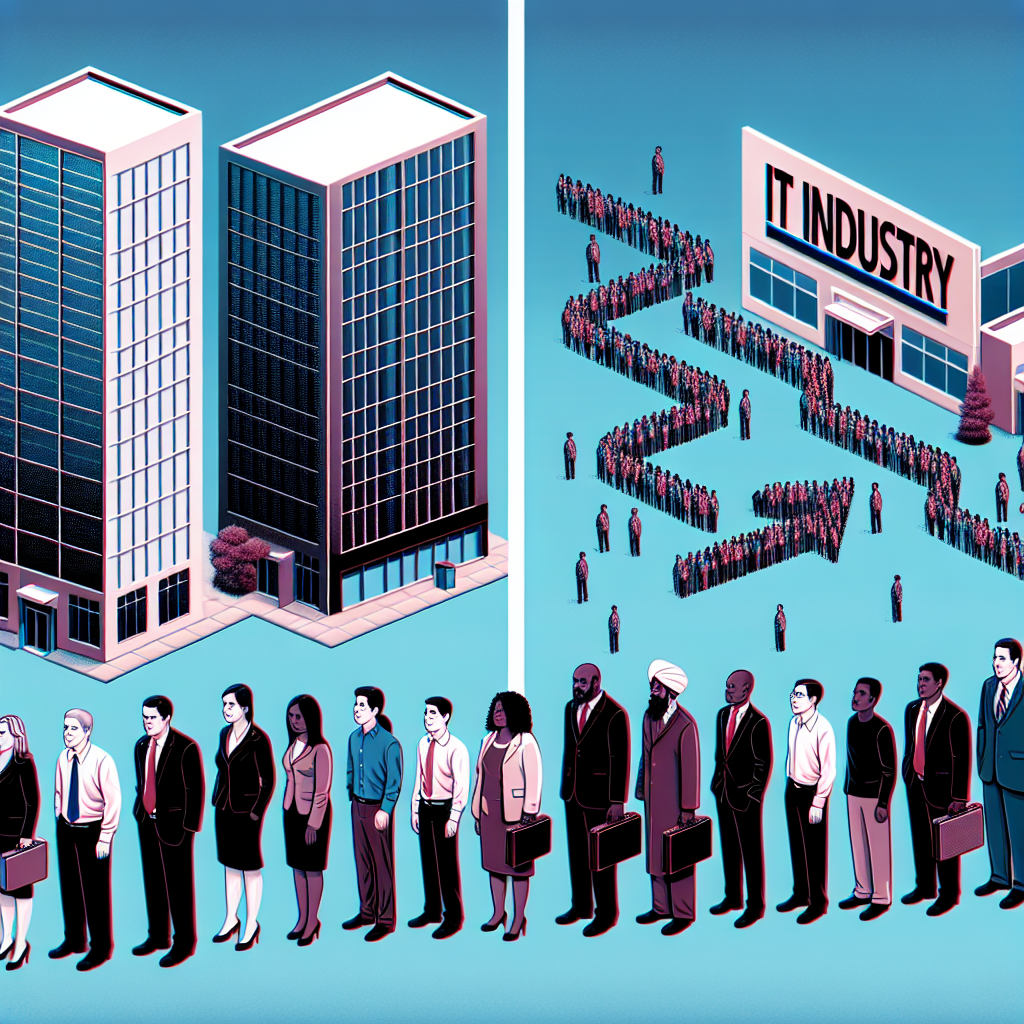 A detailed graphic illustrating the concept of mass layoffs in the tech industry. The image includes corporate buildings with the symbol of IT industry on them. A long queue of diverse employees, both men and women, are coming out of the building. There are Asians, Hispanics, Caucasians, Black, Middle-Eastern, and South Asians amongst them, equally represented. Meanwhile, the contrast side of the image shows those same employees being retrained, acquiring new skills and exploring solutions to the layoffs.
