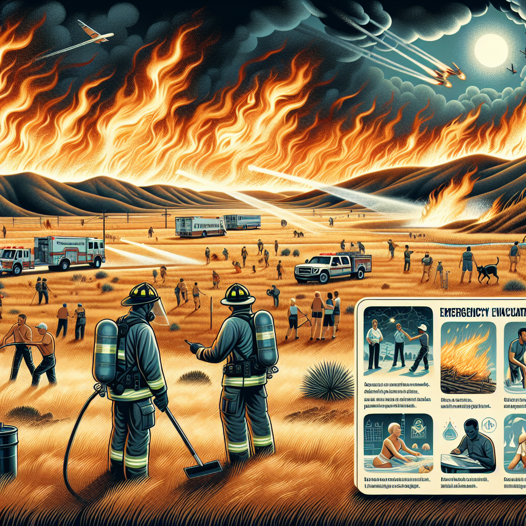 An illustration showcasing a wildfire amid a vigorous heatwave. The image illustrates vast grasslands being consumed by immense fiery flames under a scorching sun. Show individuals in protective firefighting gear, a male Caucasian firefighter and a female Black firefighter, as they bravely combat the raging blaze, using advanced firefighting equipment. Including visuals of an emergency evacuation process in the background, with people of diverse descents and genders being guided to safety. Also, represent a few tips and strategies for dealing with such wildfires and heatwaves, like staying hydrated and evacuating promptly when instructed, in the form of informative graphics in the peripheral areas of the image.