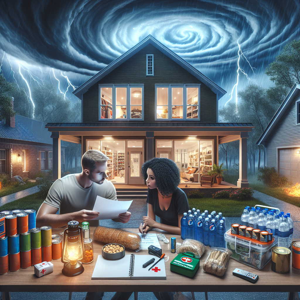 Create a hyperrealistic image showcasing hurricane preparedness theme. Illustrate a secure suburban home with hurricane shutters on the windows and doors. Around the home, display important emergency supplies, including a stockpile of canned foods, bottled water, flashlights, batteries, a battery-powered radio, and a first-aid kit. There should be a Caucasian man and a Black woman, both in their mid-30s, reviewing an emergency preparedness plan together on their living room table, which is flooded with light from a hurricane lamp. Meanwhile, the sky outside is dark and stormy, hinting at the coming hurricane.
