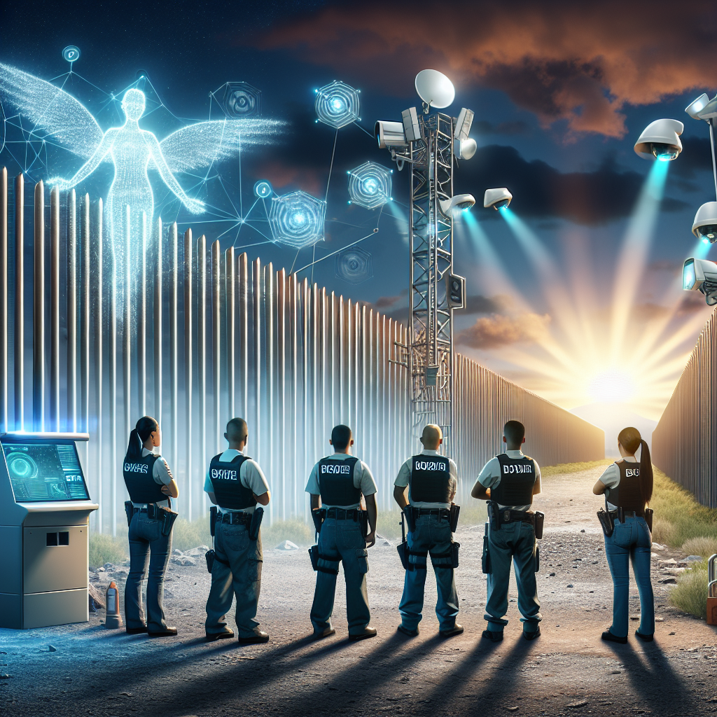 A conceptual scene depicting changes in immigration policy in an anonymous country, featuring a tall steel border fence with newly installed high-tech security systems such as surveillance cameras and sensory equipment. A group of border officers, half of them Female Hispanic and other half are Male Black, are overseeing the area, ensuring the implementation of new rules. In the background, a radiant sunrise symbolizing the dawn of new changes occurs.