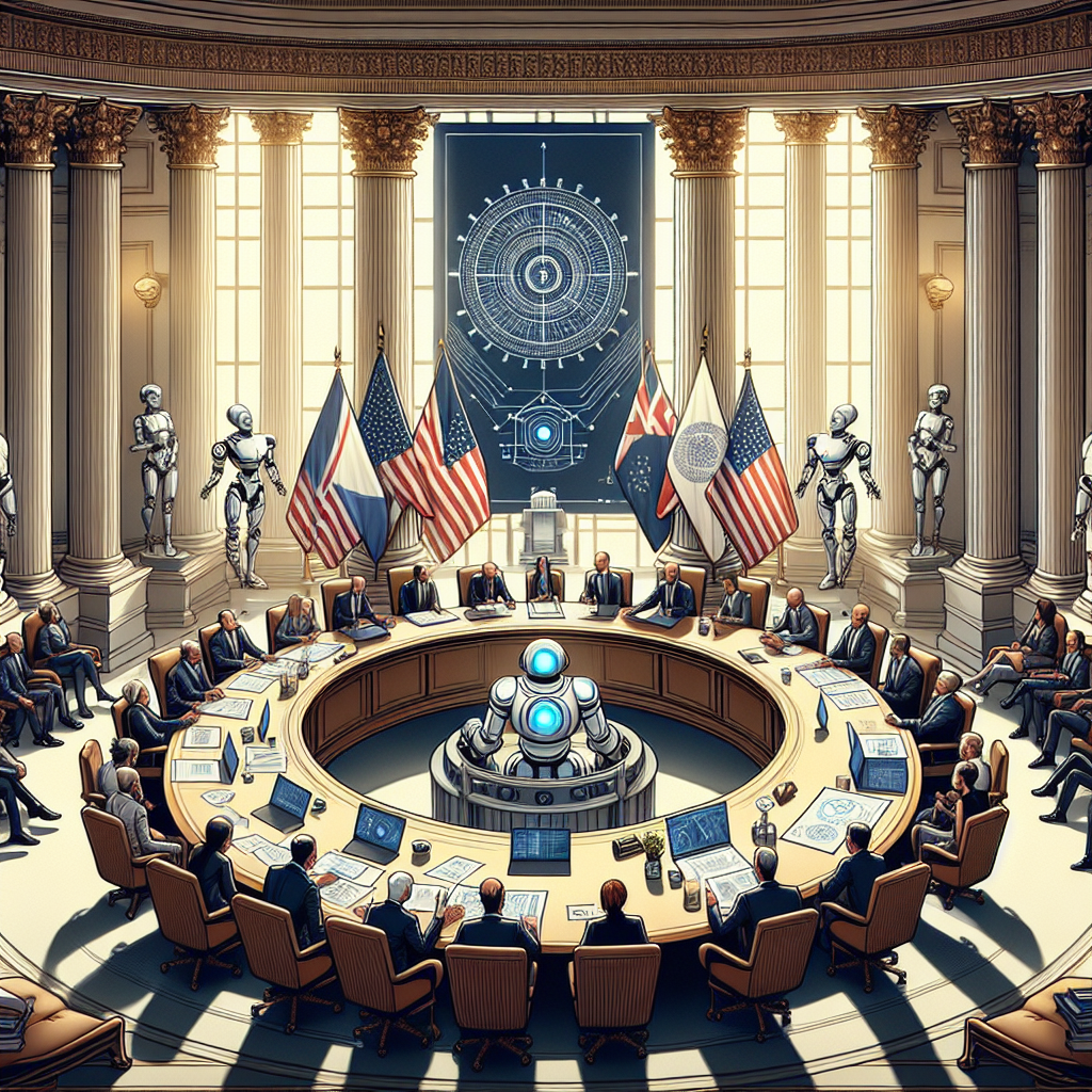 Illustrate a scene in a formal government office where diverse group of experts in the field of Artificial Intelligence are gathered around a large, round table. They are engaged in a deep discussion about various documents, charts, and robot blueprints spread across the table. On the backdrop, show a large and elegant flag that does not represent any current nation but symbolizes unity and progress in AI technology. Blend classical architecture styles in the room decor, such as Greek and Roman, indicating historical grandeur. Do not include any specific identifying features of the people or the office. The emphasis should be on the process of policy discussion.