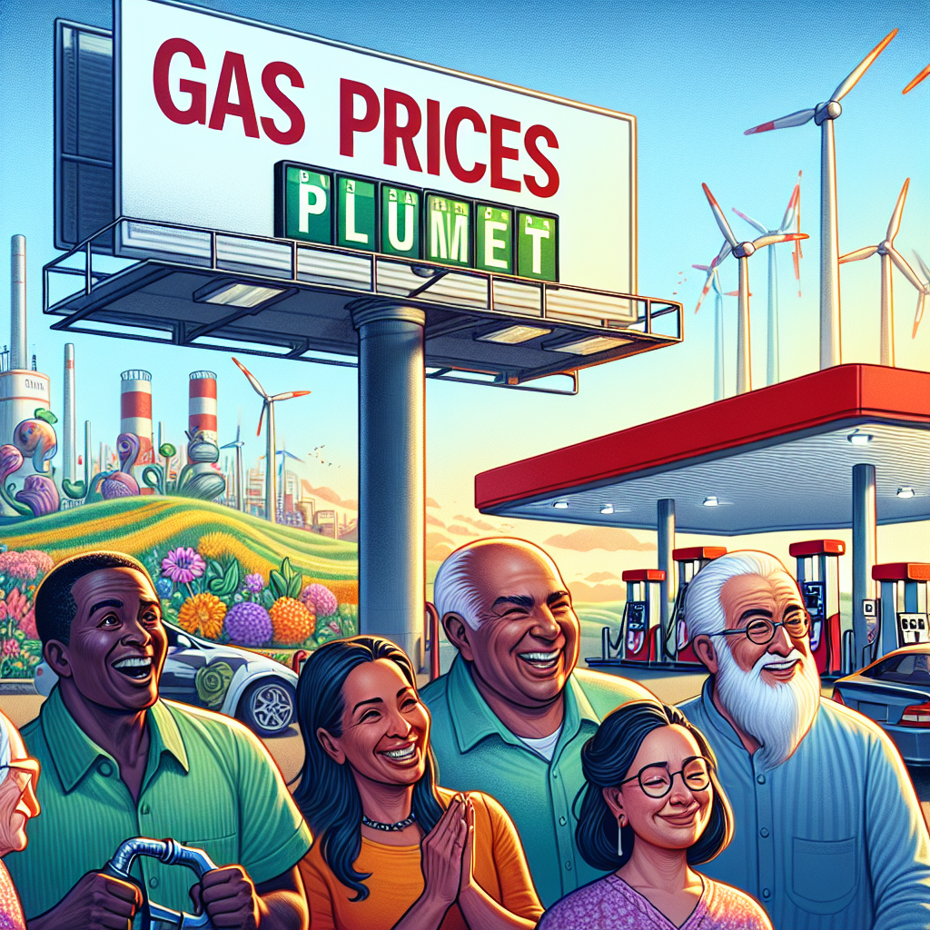 An illustrative picture showing a large, prominent billboard displaying the headline 'Gas Prices Plummet'. Next to the billboard, pump prices at a gas station are seen drastically reduced. In the background, a flourishing landscape with wind turbines, solar panels, and other renewable energy sources is visible, symbolizing the shift in US energy policy. A diverse mix of people - a Black man, a South Asian woman, an Hispanic elderly couple, and a Middle-Eastern young woman - are reacting positively to the news at the gas station. The sky above is clear and bright, symbolizing a hopeful future.