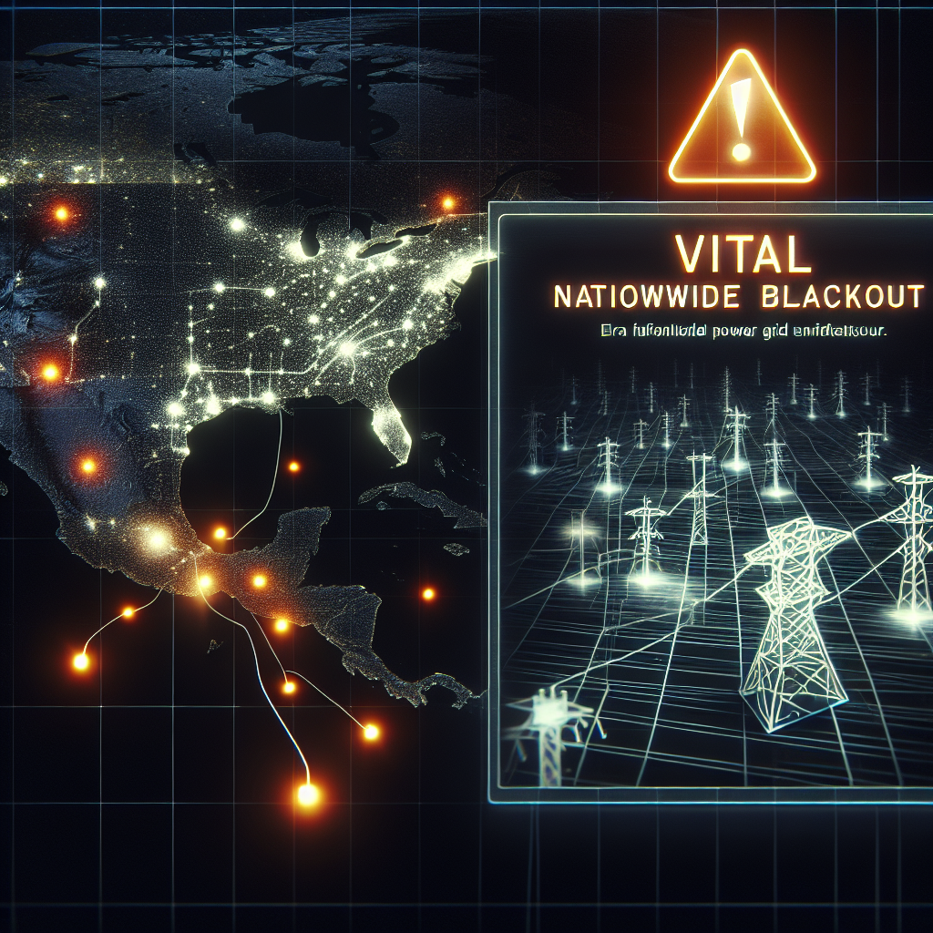 Visualize the concept of a power grid failure causing a nationwide blackout. There should be an image of a geographic map of a country plunged into darkness, with small lights flickering intermittently indicating failure in the power supply. Nearby, a representation of a broken power grid infrastructure can be seen, denoting the cause of this blackout. An alert sign with the words 'Vital Nationwide Blackout Alert' should also be presented prominently in the image.