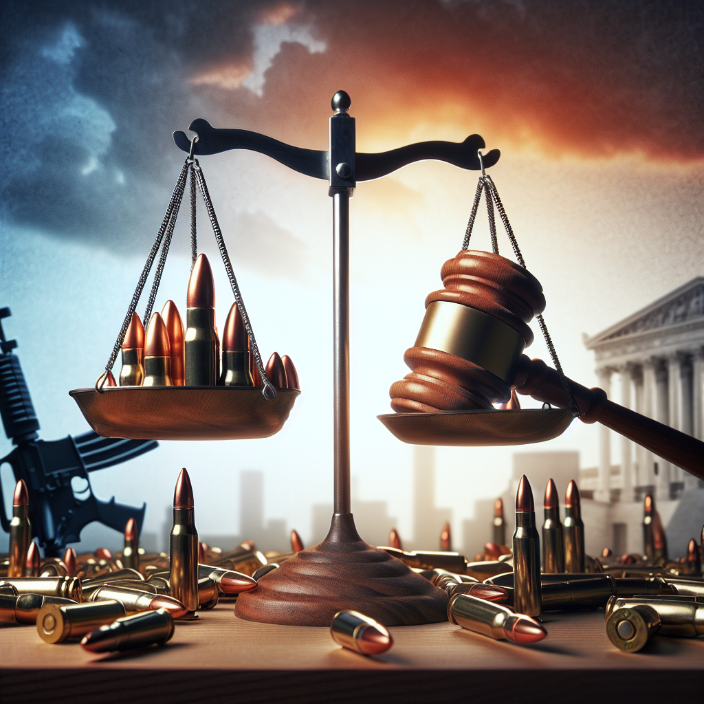 A thought-provoking image that illustrates the topic of gun violence and federal control. The scene should depict a scale balancing on one side a series of bullets (symbolizing the issue of gun violence) and on the other side a gavel (symbolizing federal laws and regulations). The background could include an abstract representation of a city skyline to denote the societal context of the issue. Please exclude any real-world identifiers or symbols related to specific political parties or individuals.