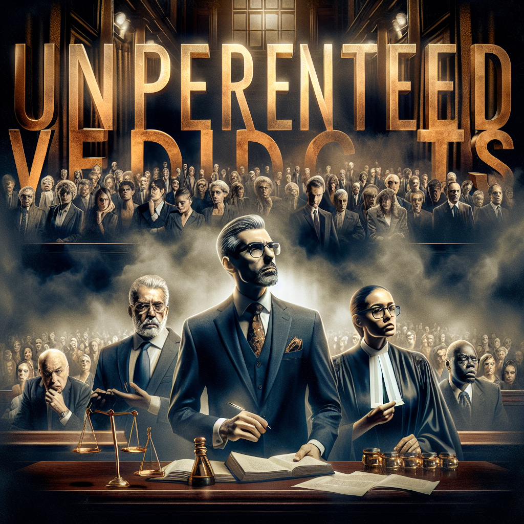 Create an image of a dramatic courthouse setting. Feature the words 'Unprecedented Verdicts' hovering above, carved from smoky gold letters. In the foreground, depict a range of people representing different professions associated with high-profile criminal trials - a confident lawyer of Caucasian descent, a bespectacled South Asian judge, and an African American court reporter, all deeply engrossed in their duties. In the background, show a diverse gallery of onlookers, consumed with anticipation. Make the atmosphere thick with tension and gravity.