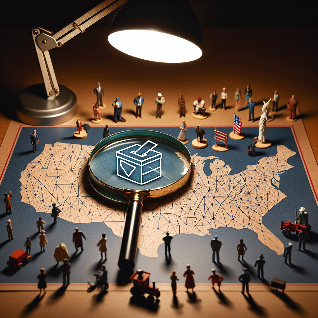 Visualize an image of a large, geometric map of the United States, softly illuminated under a lamp on a wooden table. A magnifying glass hovers over the map, focusing on an intricately drawn symbol that represents a ballot box. Scattered on the table around the map, you'll see a diverse group of tiny figurines of various professions - a teacher, a farmer, a doctor, an engineer, an artist, a soldier, and more - all looking towards the symbol with interest. The image should create a sense of exploration and anticipation over the changes in voting laws.