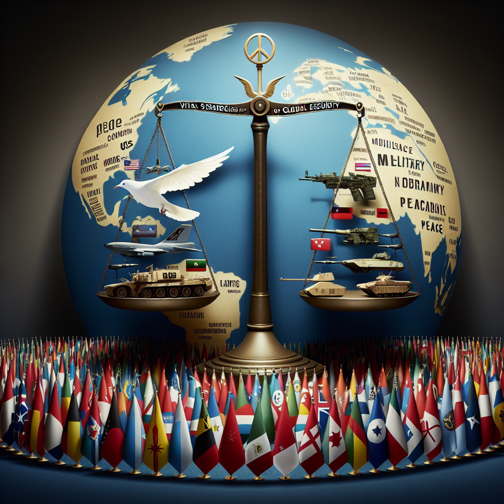 An image showing a multitude of countries' flags, representing the global community, arranged in a semi-circle. In the foreground, a symbolic balance scale indicating US military aid decisions. On one side of the scale, peace symbol represented by a white dove, and on the other side, symbolic military aid items like non-specific military aircrafts and tanks. The background is a global map hinting at the widespread nature of these decisions. The words 'Vital Strategies for Global Security' are written along the bottom of the image in assertive, elegant letters.