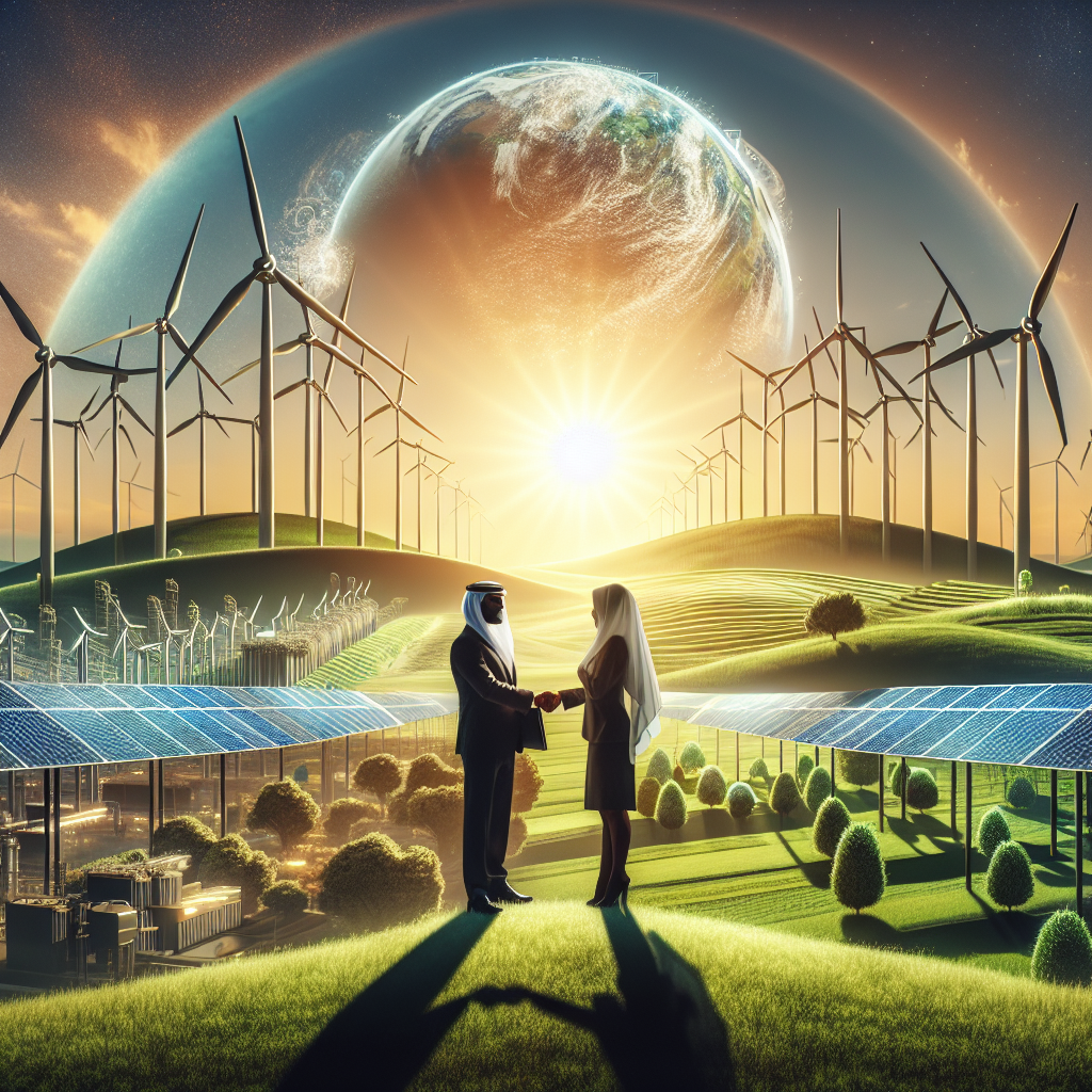 Imagine a conceptual image depicting clean energy investments. In the foreground, there are large solar panels tilted towards the brilliant sun, spinning wind turbines dot the hilly horizon capturing the power of the wind, as lush green fields thrive below. Next to it is a futuristic city powered completely by sustainable sources. An anonymous middle-eastern businessman and a caucasian female legislator are shaking hands symbolizing the partnership between private sector investment and public climate change legislation. Their silhouettes are framed against the backdrop of the bright sun.