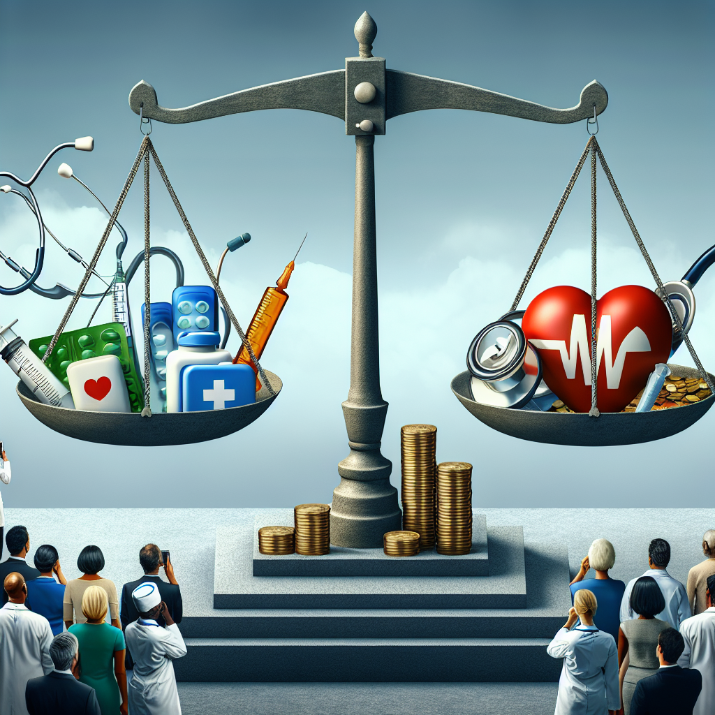 Visualize a conceptual illustration of Medicare changes positively impacting healthcare costs. Imagine a large metaphorical scale balancing on a strong structure symbolizing Medicare. On one side of the scale, there's a stack of coins and on the other side, a collection of medical symbols like a stethoscope, a pill bottle, a syringe, and a heart symbol, representing aspects of healthcare. Show that the scale is tipped in favor of the healthcare side, illustrating the affordability due to recent changes. Include diverse people observing this scenario - an Asian female nurse, a Caucasian male doctor, a black patient, and a middle Eastern hospital administrator. The scenario is calm and the expressions on the faces of the viewers reflect hope and optimism.