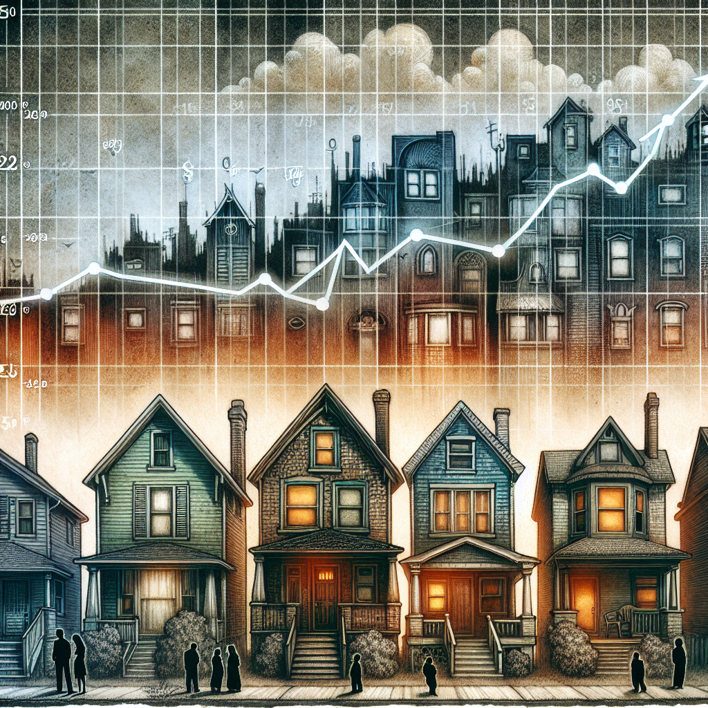 A detailed, atmospheric illustration of a neighborhood street where various styles of houses, from modest single-story abodes to elaborate two-story homes, appear somewhat distressed, showing signs of wear and tear. It's the middle of the day, with a cloudy sky symbolizing uncertainty. Incorporated into this composition is a graph that ascends steeply, symbolizing rising mortgage rates. The graph includes financial symbols and figures, suggesting a sophisticated understanding of the financial markets. A variety of people representing different genders and descents look anxiously at the graph, demonstrating the diverse impact of the housing market crisis.