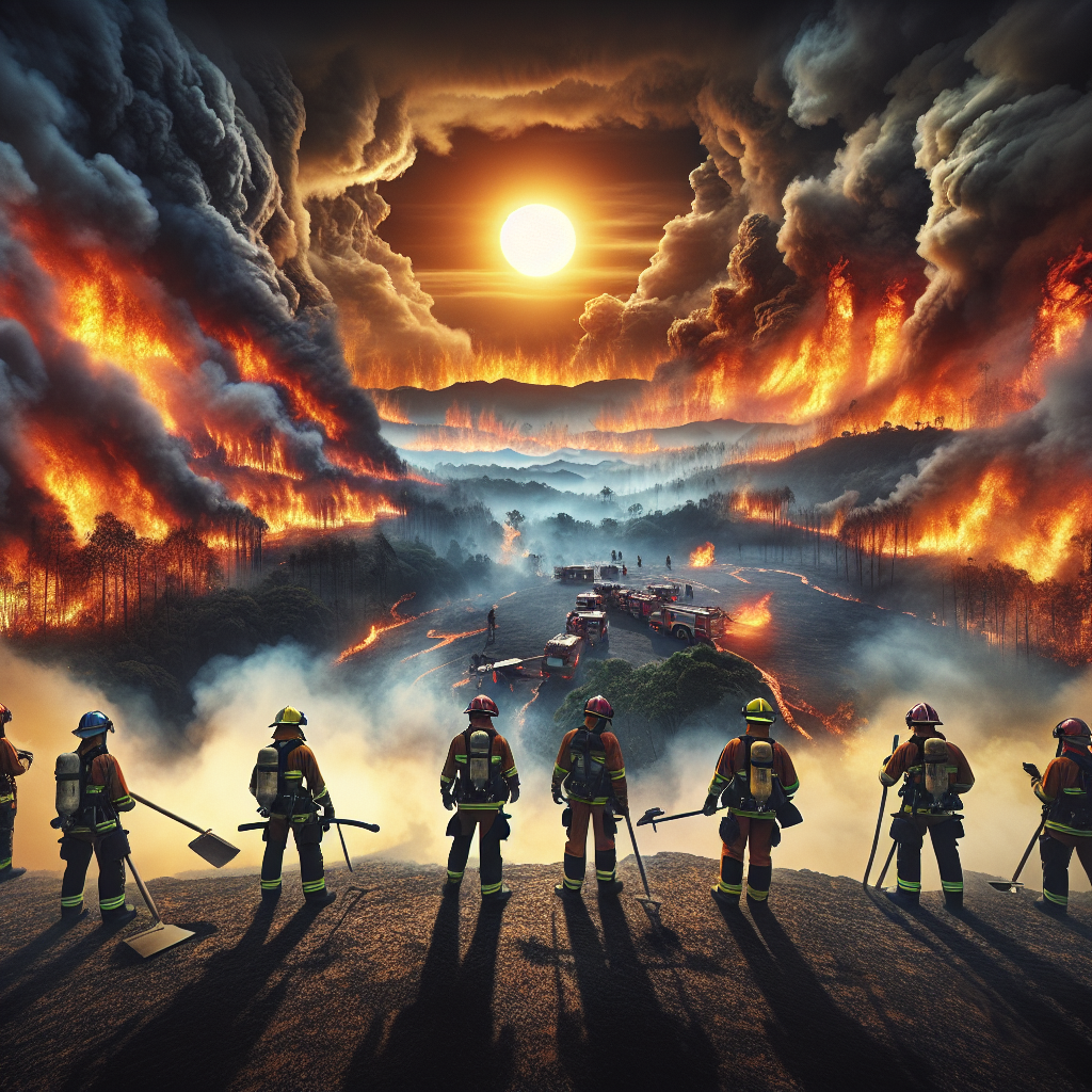 Visualize an intense scene depicting the catastrophic effects of wildfires and blazing heatwaves. Show the sun ruthlessly shining over a smoke-filled landscape where a wildfire rages. In the foreground, visualize a team of dedicated fire-fighters wearing protective gear, consisting of both male and female individuals of various descents. Showcase their epic struggle as they use professional equipment to control the fire. Also, illustrate a clear divide between the scorched part of the landscape and the yet safer part, symbolizing the determination and resilience of our fire-fighting heroes. This scene signifies the immense challenge of battling against nature's fury while emphasizing the importance of strategic planning and readiness.