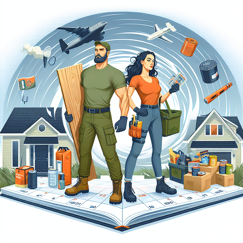An illustration representing the concept of hurricane preparedness. The centerpiece is a sturdy Caucasian man and a confident South Asian woman, both dressed in casual attire, securing their home with various methods: boarding up the windows, clearing the yard of potential debris, and stocking up on emergency supplies such as potable water, canned food, flashlights, and batteries. They are surrounded by a looming silhouette of a hurricane in the background, symbolizing the approaching storm. The ground is a calendar with pages flipping to indicate the hurricane season.