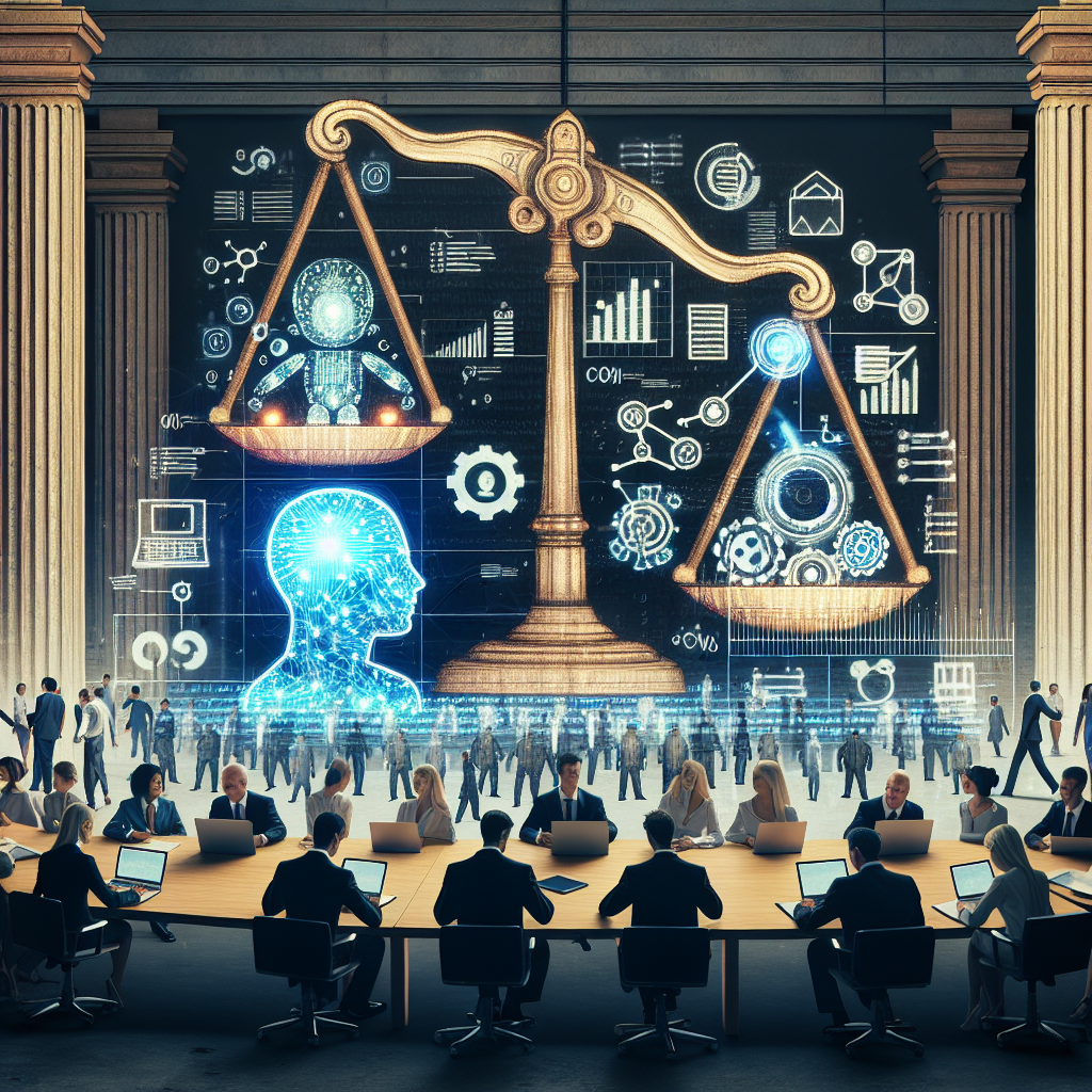 A conceptual image of artificial intelligence regulation. Depict a detailed scene in a government setting with diverse group of people working on AI-related documents. The documents should be filled with AI-related words and symbols, and iconic representation of AI like glowing neural network diagrams and robot icons. In the center, visualize a balanced scale symbolizing regulation. This image should manifest thoughtful discussion, cultural diversity, and collaboration around the topic of AI regulation.