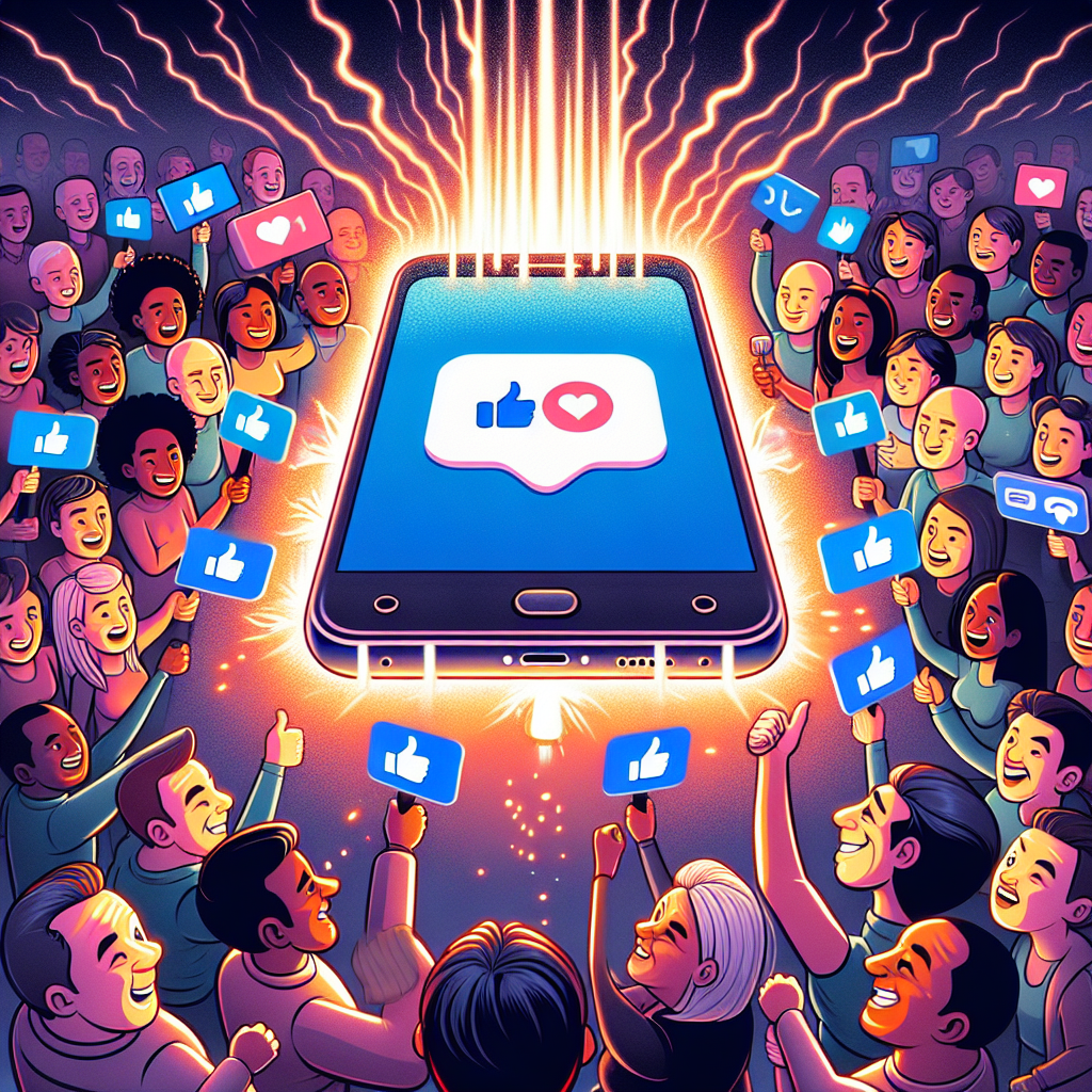 Illustrate the idea of 'Technology Tensions' as a scene with a group of different people, each representing different descents such as Hispanic, Caucasian, South Asian, and Black, standing around a large, glowing smartphone. On the screen of the phone, display the logo of a fictitious social media app, bearing resemblance to popular apps in the market but distinctly unique. Some people are in favor of the app, depicted by thumbs up and smiles, while others are against it, depicted by thumbs down and frowns. The environment is intense, with visible friction and sparks flying out from the phone, symbolizing the highly charged debate.