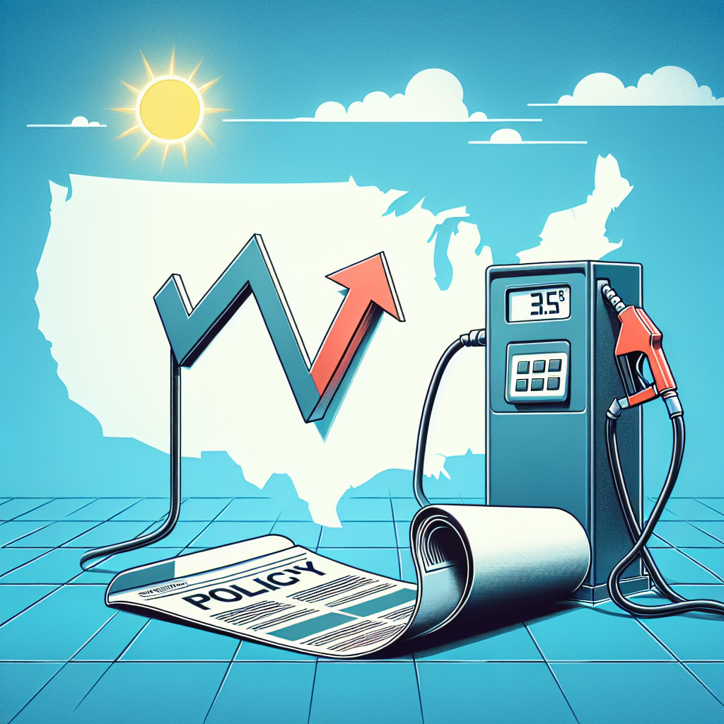 Visualize a symbolic representation of gas prices lowering in response to changes in US energy policies. Show a gas pump with a descending arrow on it to signify dropping fuel prices. Next to it, illustrate a rolled policy document that indicates the transition in energy strategies. The backdrop of the image should be a simplified map of the United States, subtly asserting the regional context. Please include a sunny sky overhead to represent the relief coming, portraying an optimistic future. The image should be drawn in a contemporary news graphic style with sleek lines and vibrant colors.