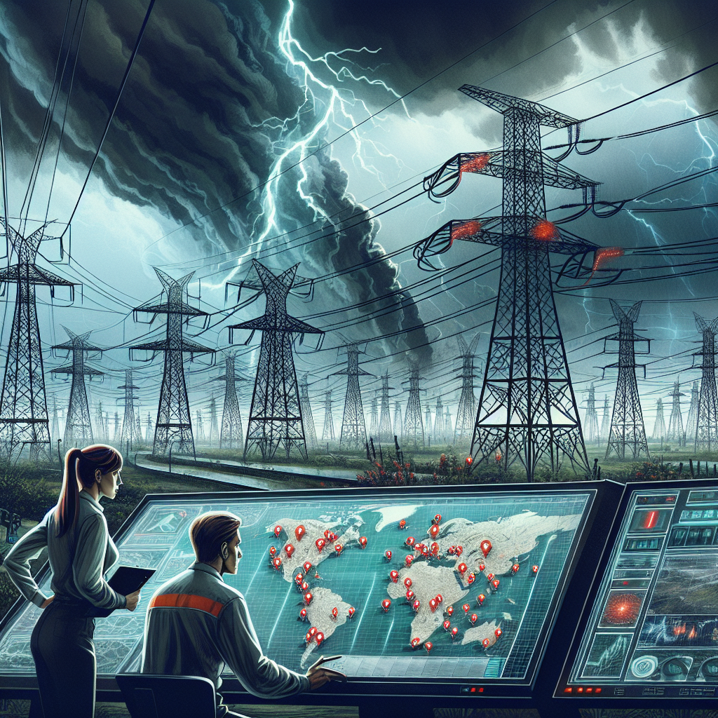 An engrossing, detailed illustration of a vast network of power lines sprawled across the landscape under an overcast sky, with a looming storm in the background. Additionally, include a large digital screen in the foreground, displaying a map of a country with several areas blinking red to signify areas of potential power grid failure. Adjacent to the screen, show two power grid technicians of different genders and descents - a Caucasian female and a South Asian male, both in their uniforms studying the map intensively. The overall atmosphere should convey an imminent, nationwide blackout alert scenario.