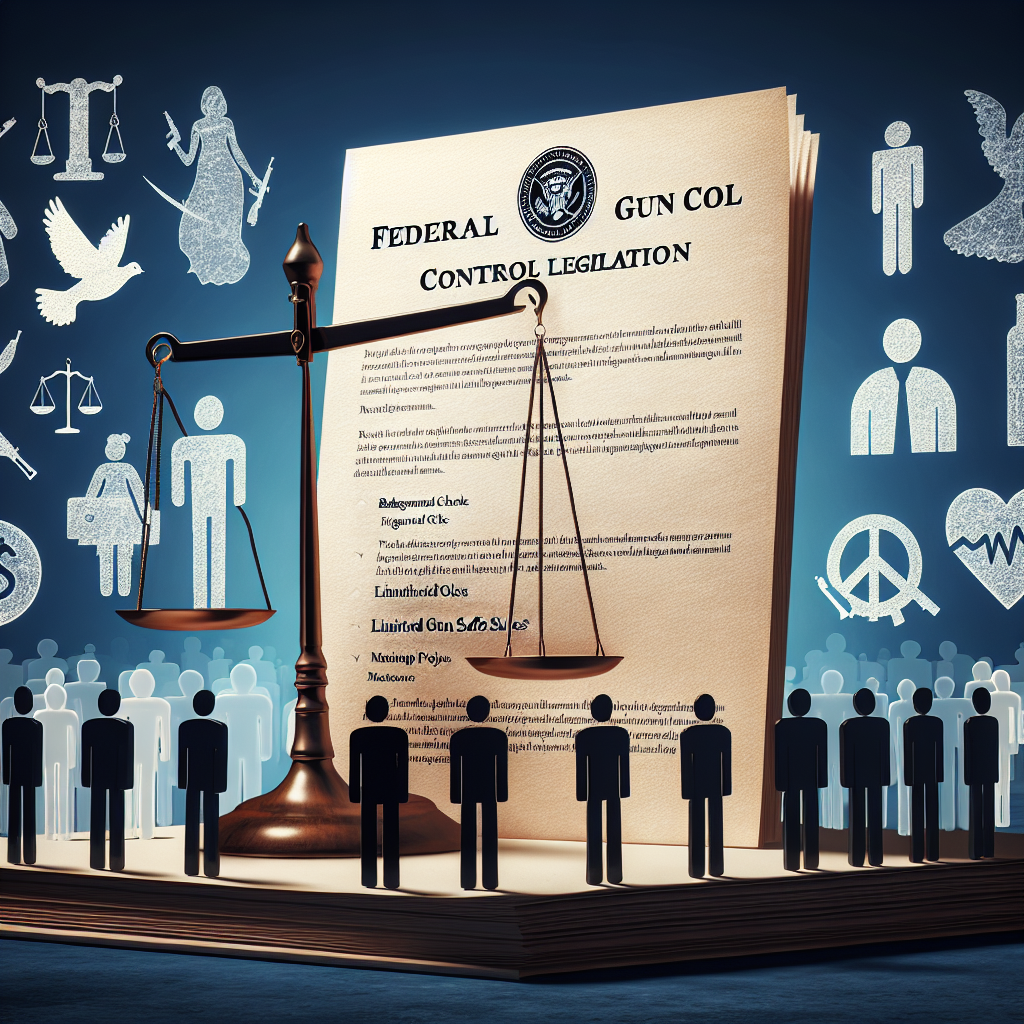 A detailed representation of an official-looking document with the title: 'Federal Gun Control Legislation'. Around the document, visualize effective measures to combat gun violence such as symbols of improved background checks, gun safety locks, limited ammo sales, and mentorship programs. Complete the scene with a balanced scale symbolizing justice, a dove signifying peace, and transparent silhouette people of varying gender and descents in the background showcasing the diversity of the population it affects.